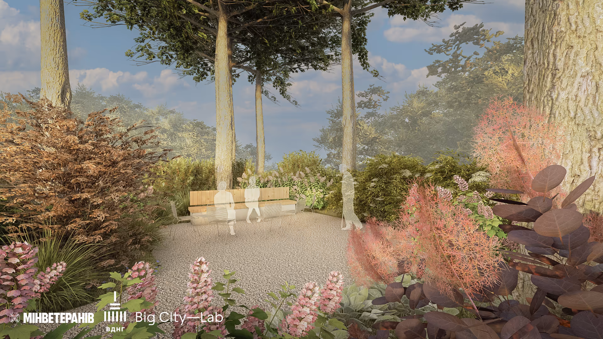 Лавки зі спинками та поручнями для зручного відпочинку у терапевтичному саду ВДНГ