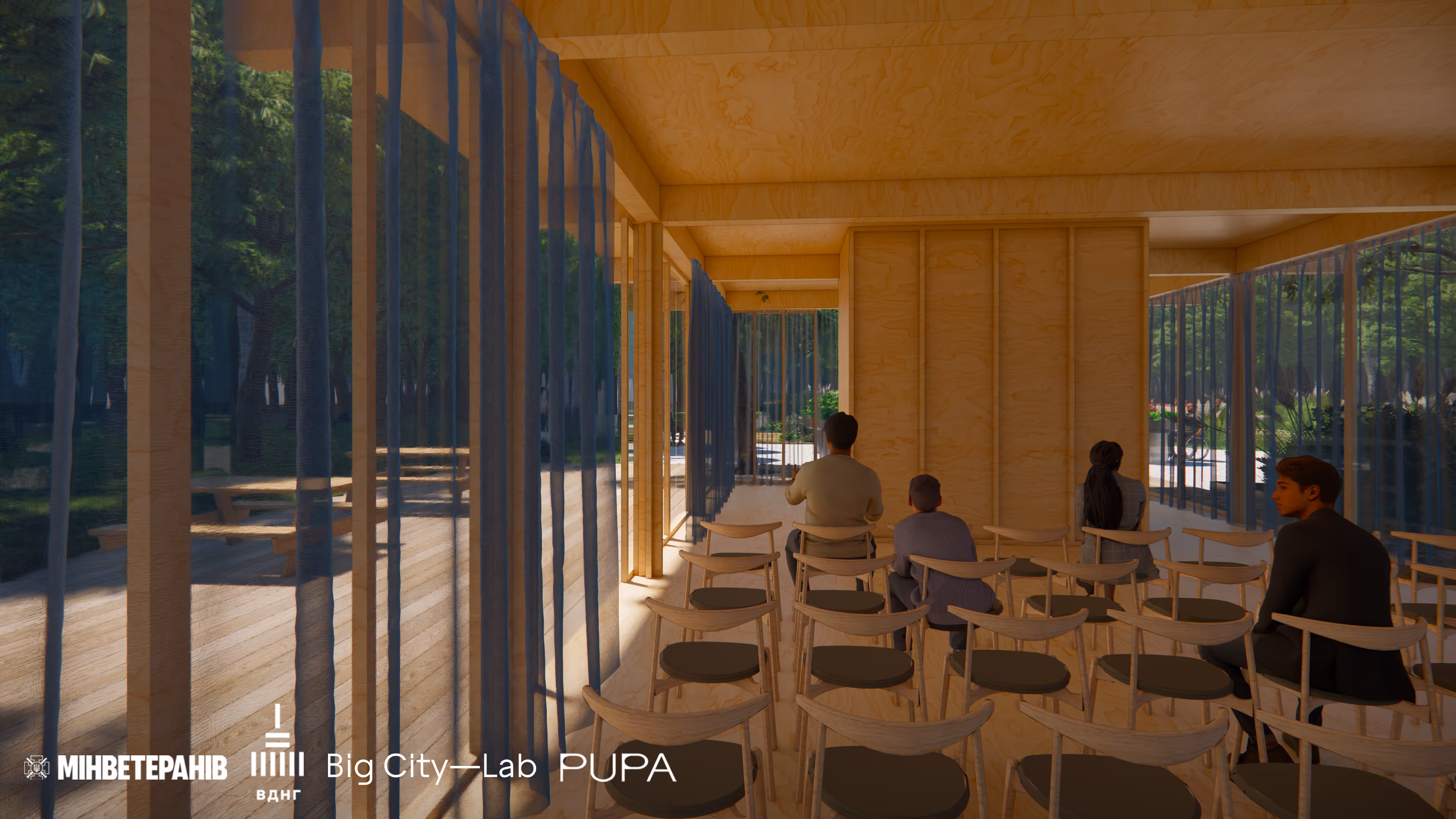 Інтер'єр павільйону для групових занять з дерев'яним оздобленням в терапевтичному саду ВДНГ