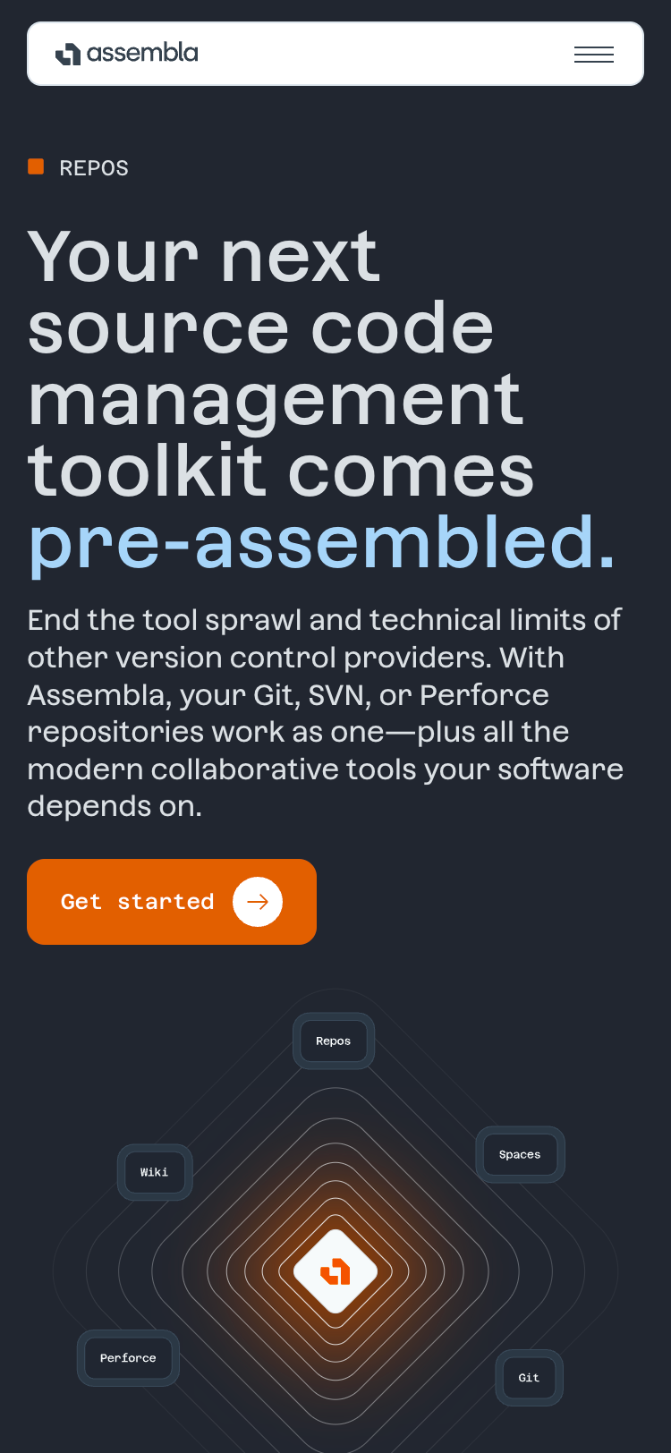 Assembla platform section on mobile showing services: Repos, Spaces, and Managed Hosting with circular integration graphic