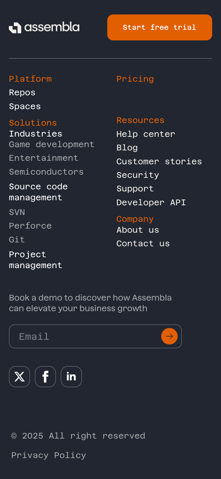 Assembla mobile footer with platform, solution, and resource links, email field, and social media icons for X, Facebook, and LinkedIn