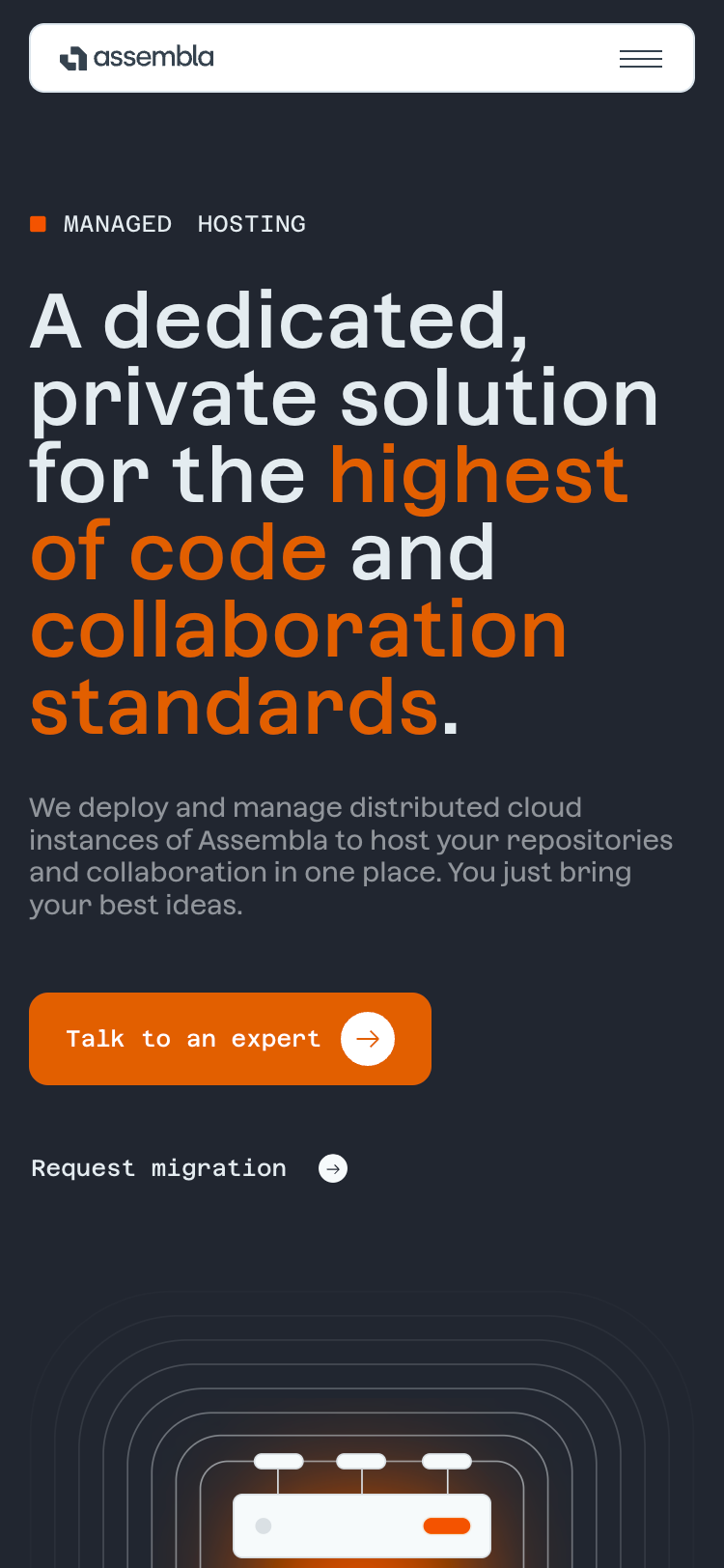 Managed Hosting section for Assembla on mobile with headline about private, distributed cloud hosting and visual server diagram