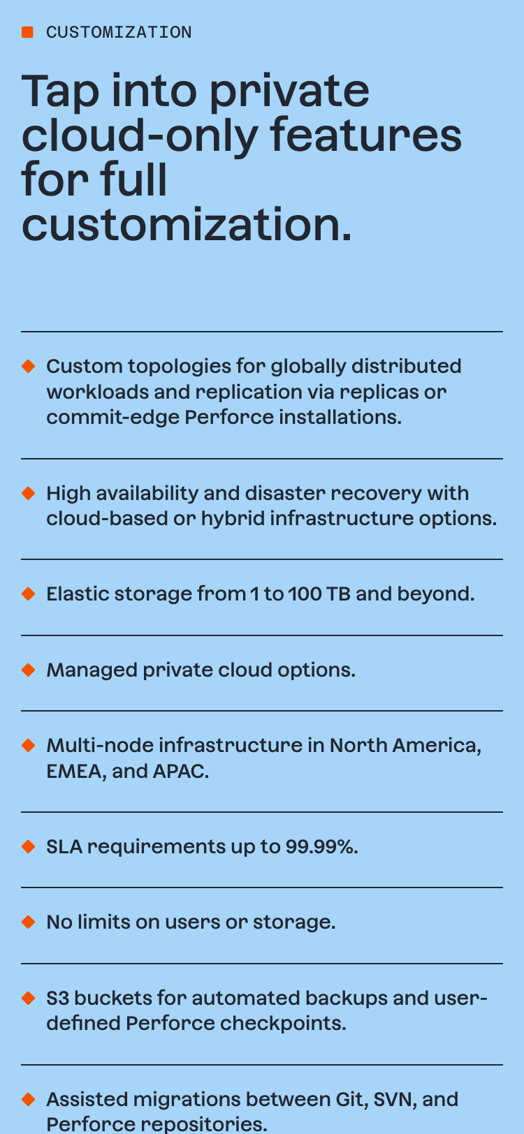 Assembla customization features list on mobile including private cloud topologies, elastic storage, SLA options, and Perforce support