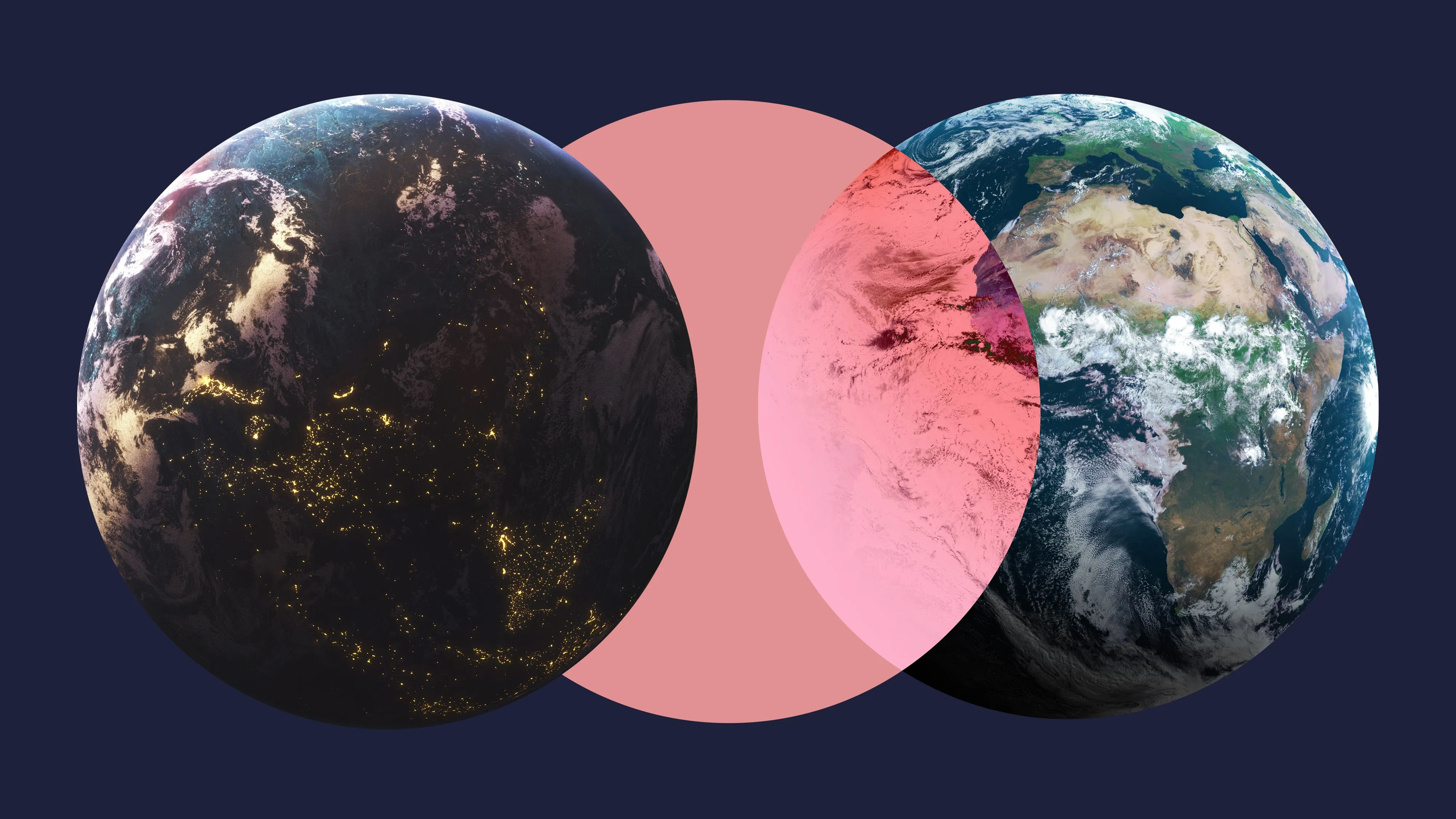 Two overlapping Earths—one at night, one in daylight—with a red circle between them, representing analysis at the intersection of distinct viewpoints or disciplines