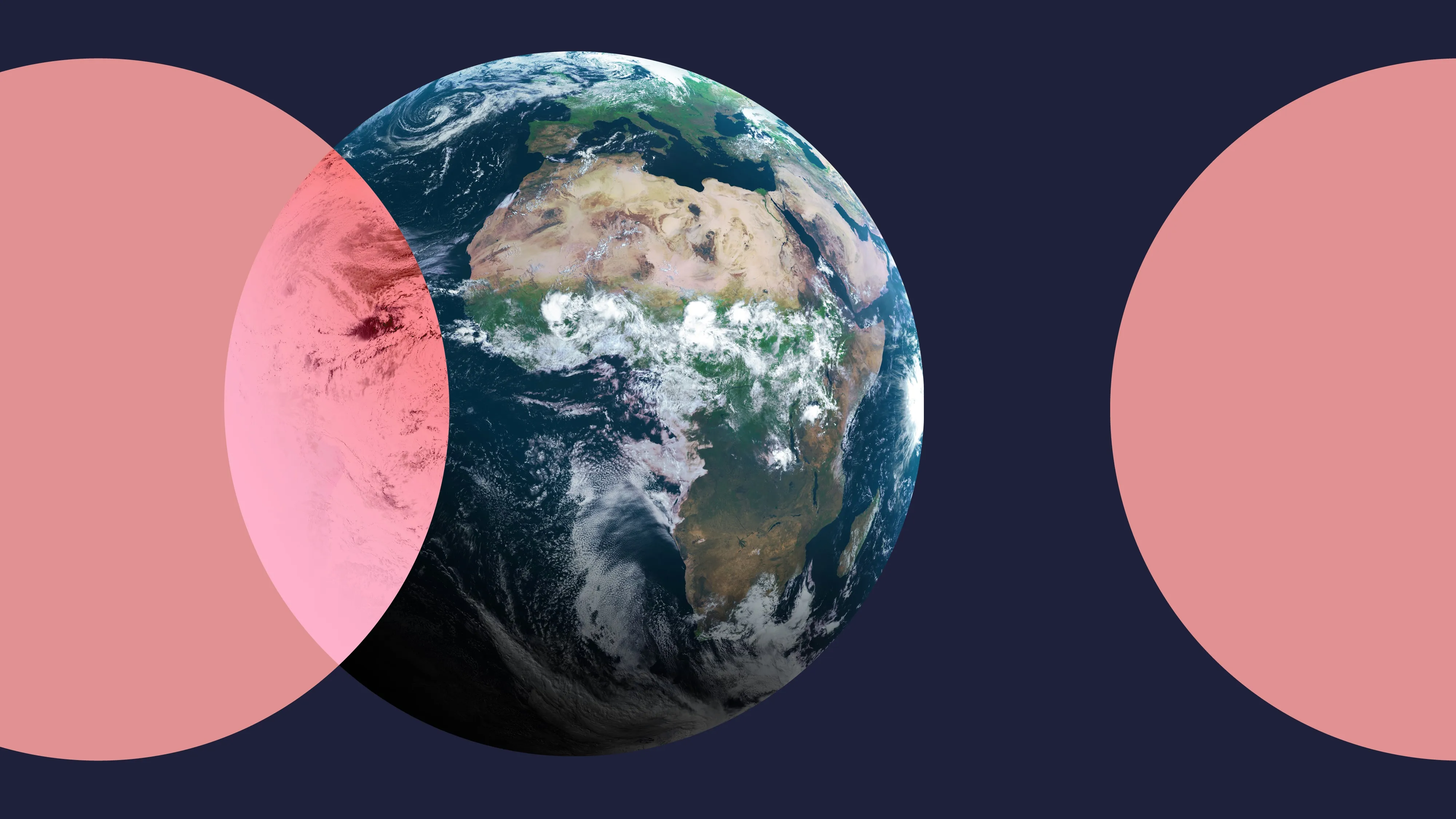 An image of a globe with a pink overlapping circle on either side intersecting.