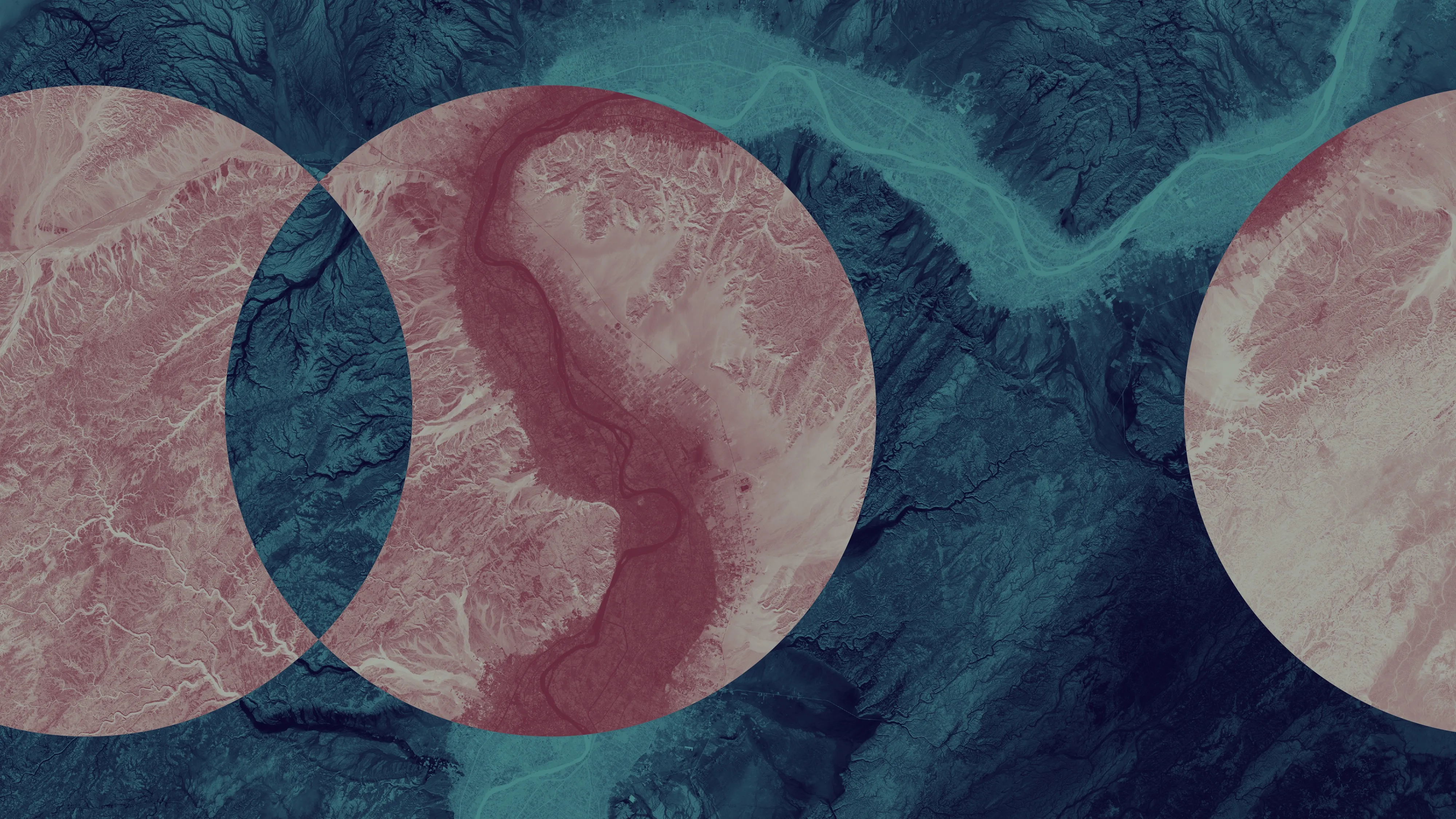 Satellite image of mountainous terrain with pink semi-transparent circles suggesting focus.