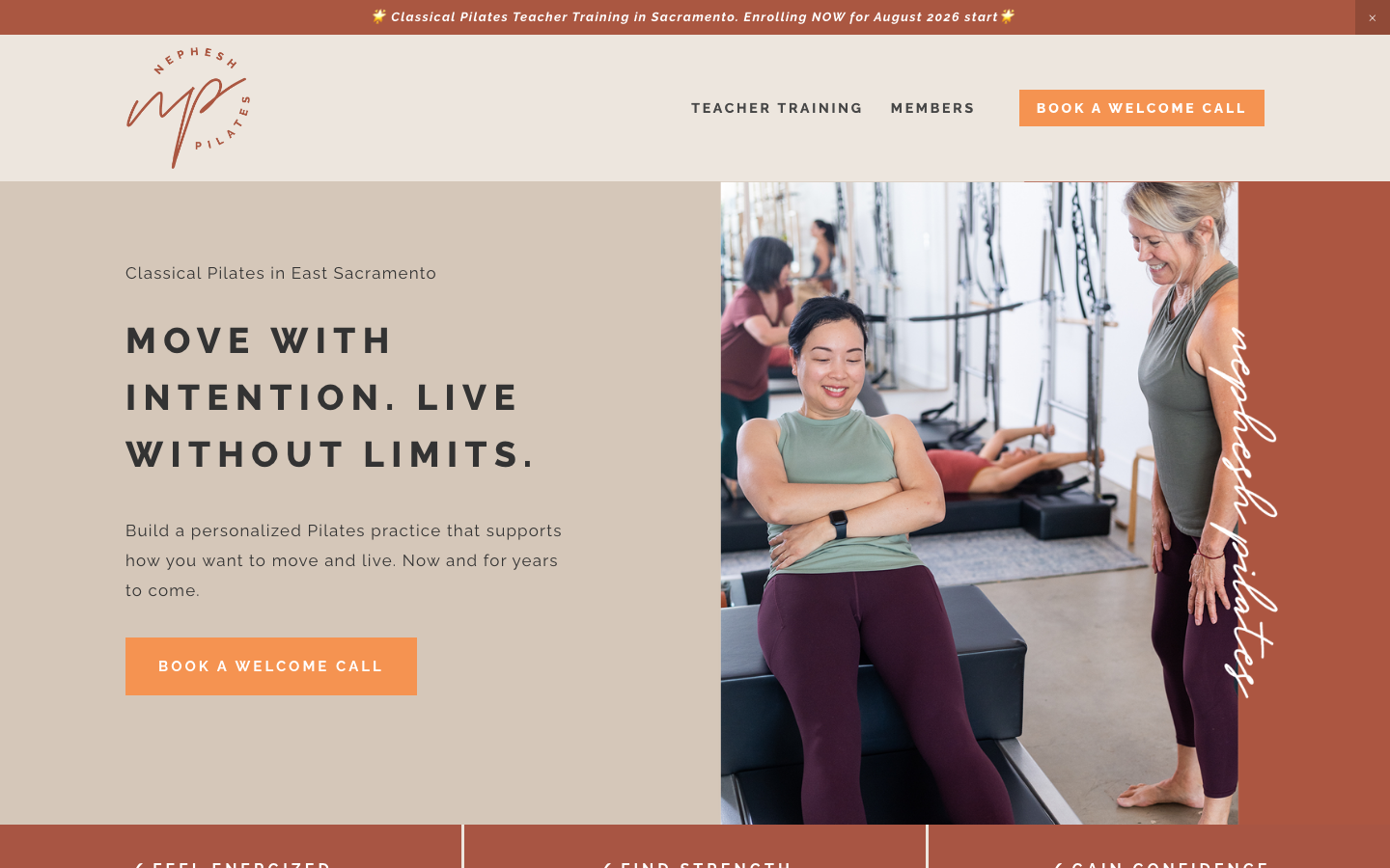Screenshot of the Nephesh Pilates website hero section with an instructor and clients