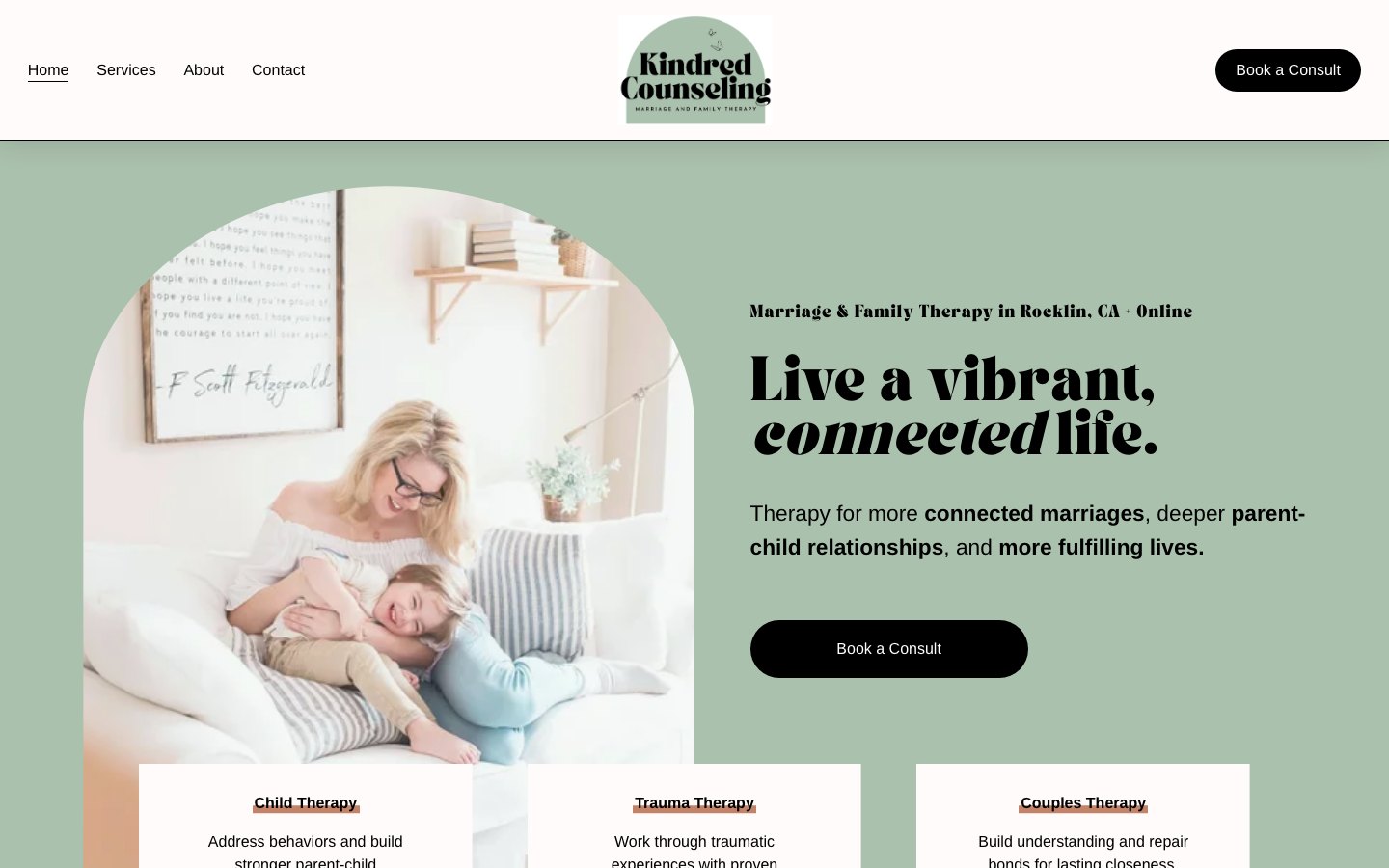 Screenshot of the Kindred Counseling website hero section with a mother and child on a couch