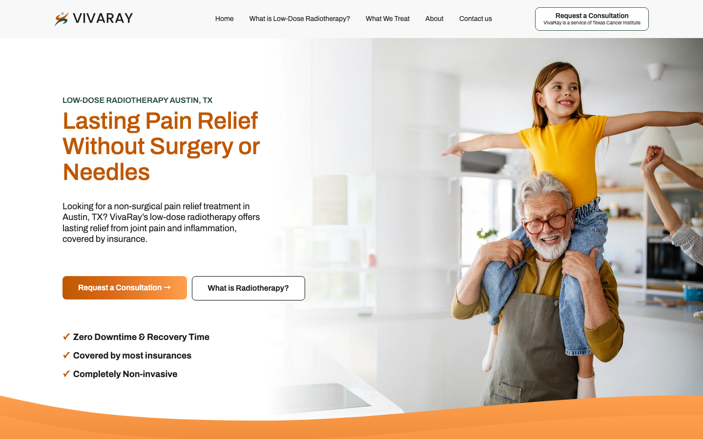 Screenshot of the VivaRay website hero section featuring a grandfather and grandchild