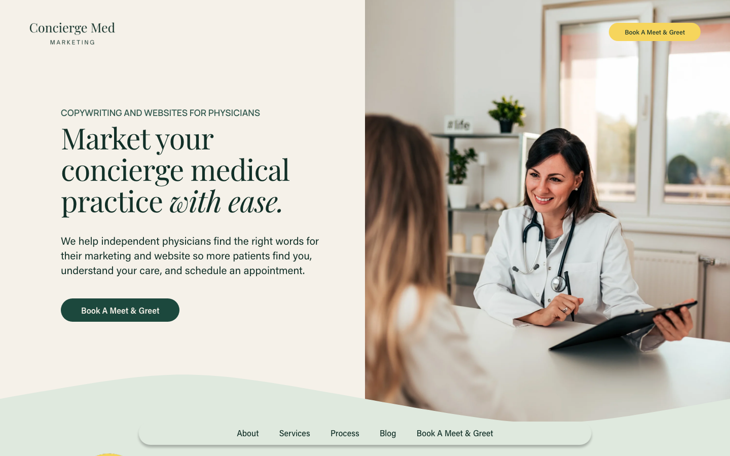 Screenshot of the Concierge Med Marketing website hero section with a doctor consulting a patient