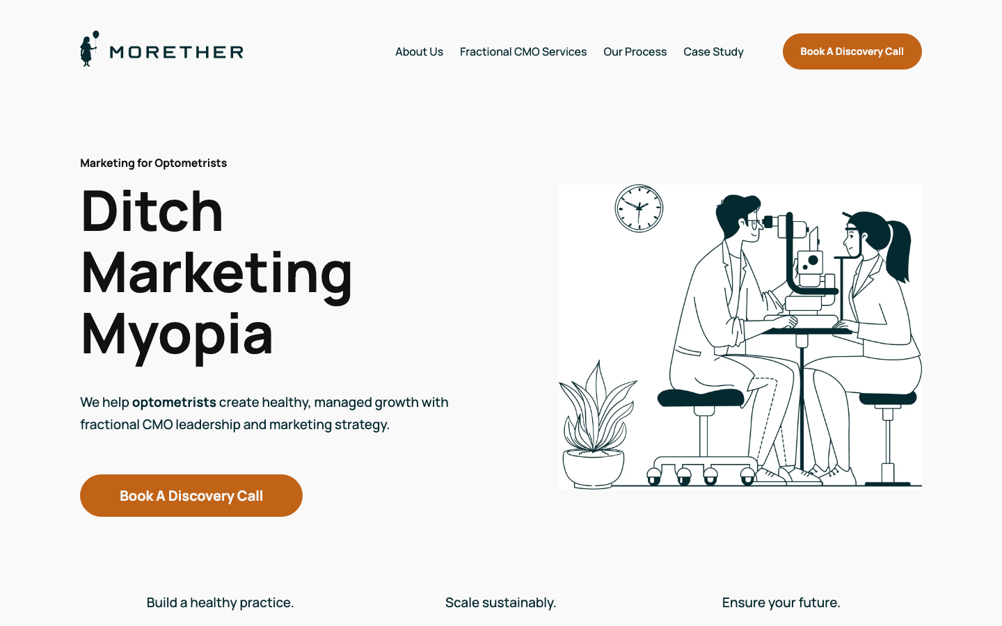 Screenshot of the MoreThER website hero section with an illustrated eye exam