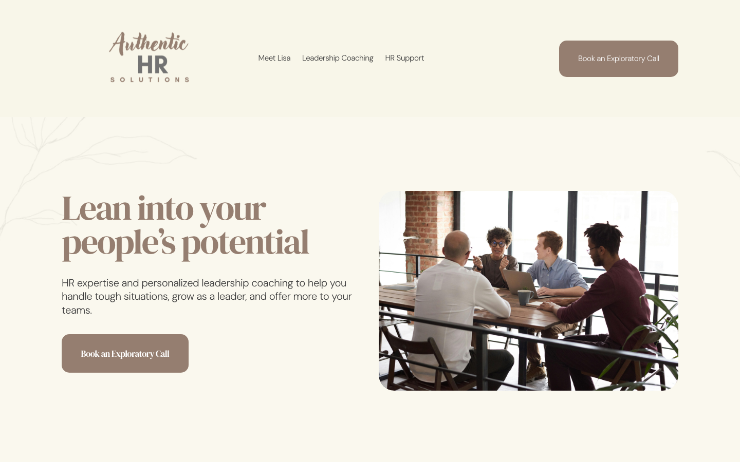 Screenshot of the Authentic HR Solutions website homepage with a team meeting photo