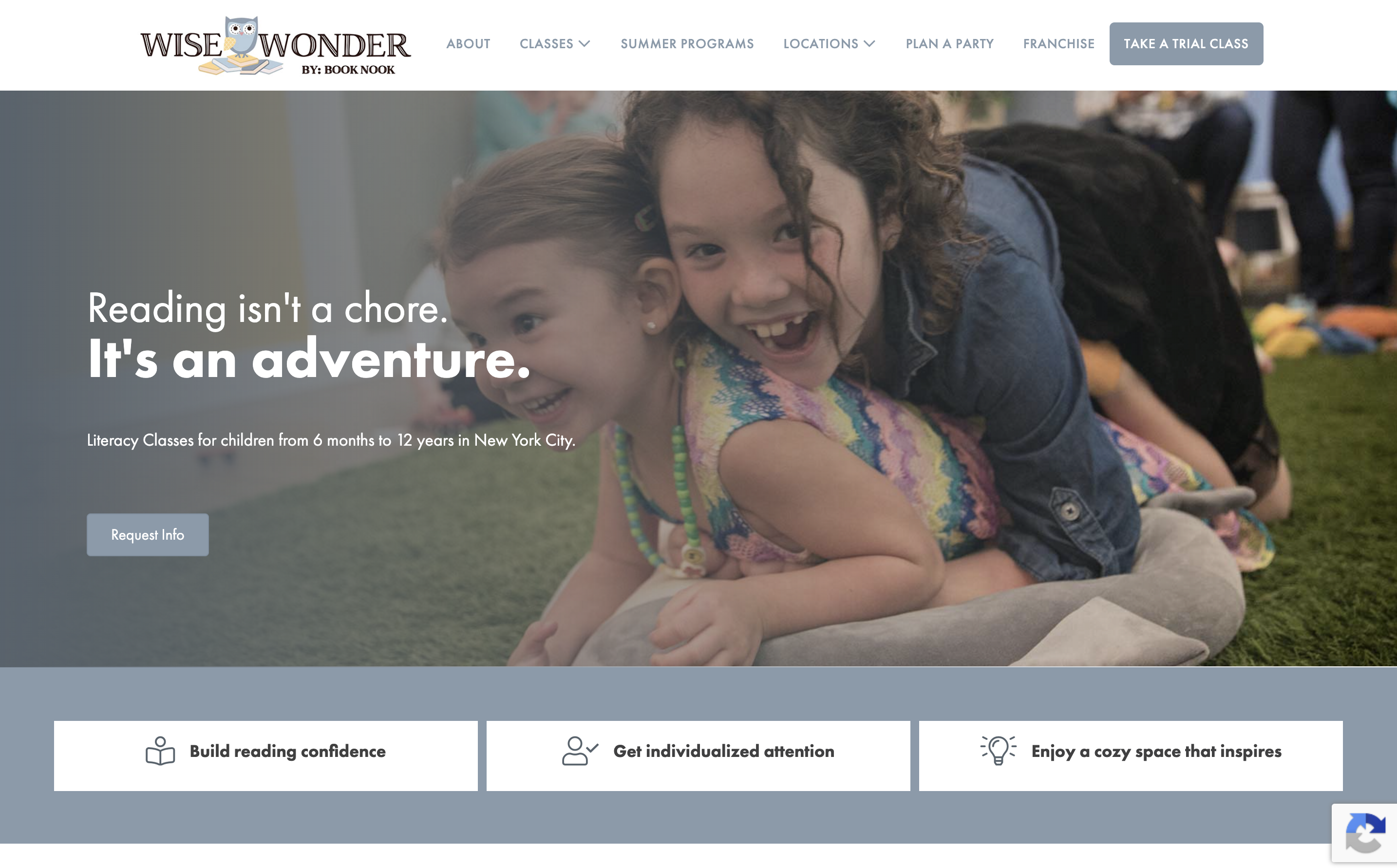 Screenshot of the Wise & Wonder Book Nook website hero section with two children playing