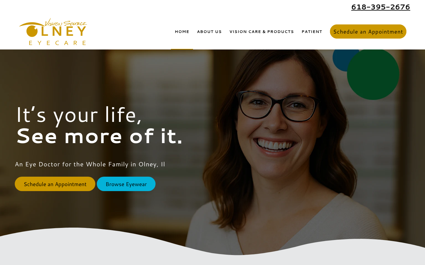 Screenshot of the Olney Eyecare website hero section featuring a smiling optometrist
