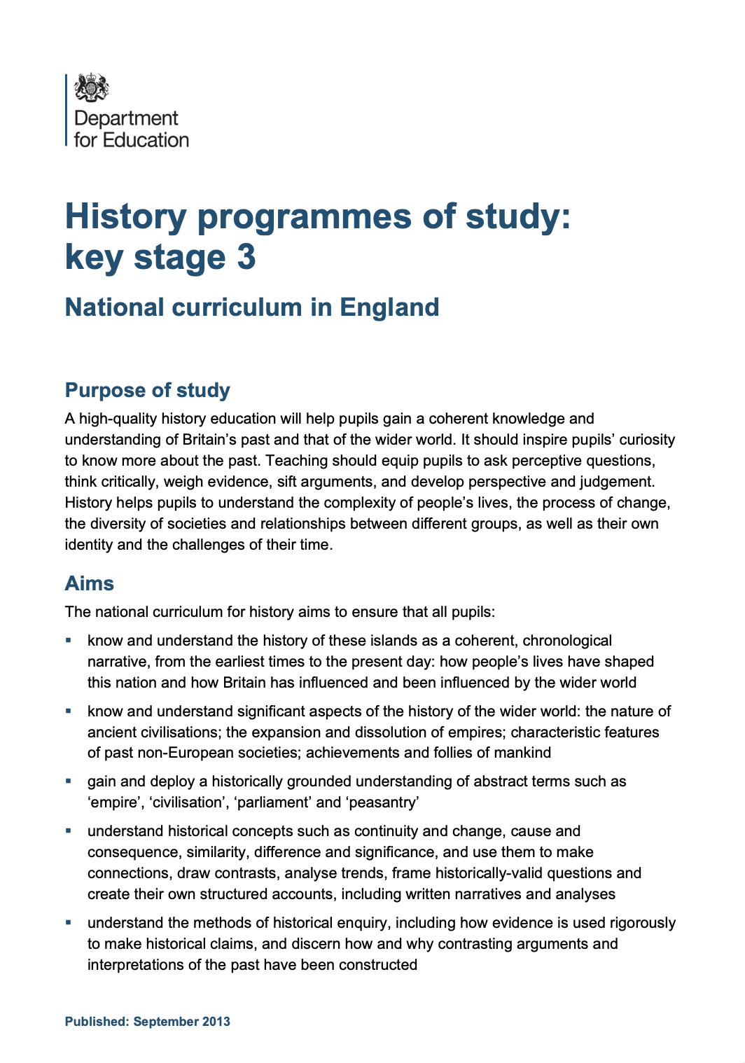 History Programmes Of Study Key Stage 3
