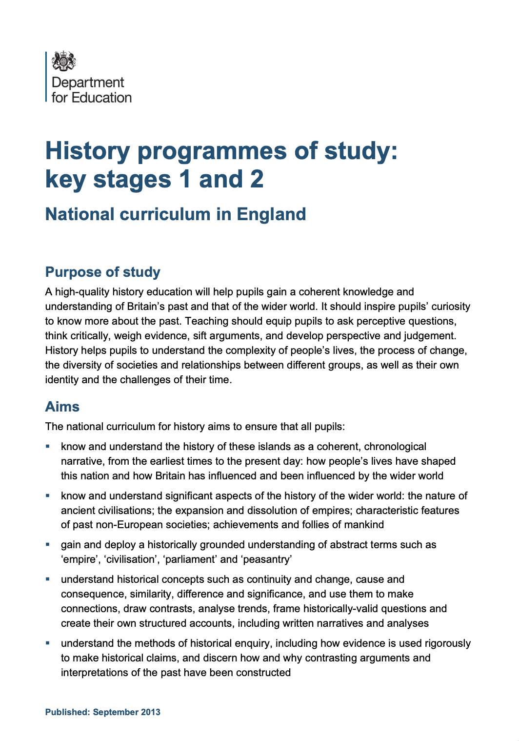 History Programmes Of Study Key Stages 1 & 2