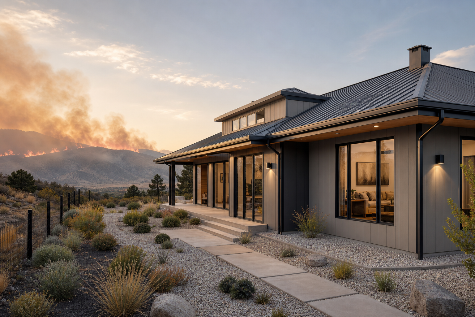 A modern wildfire-ready prefab home with a metal roof, noncombustible exterior, and defensible space