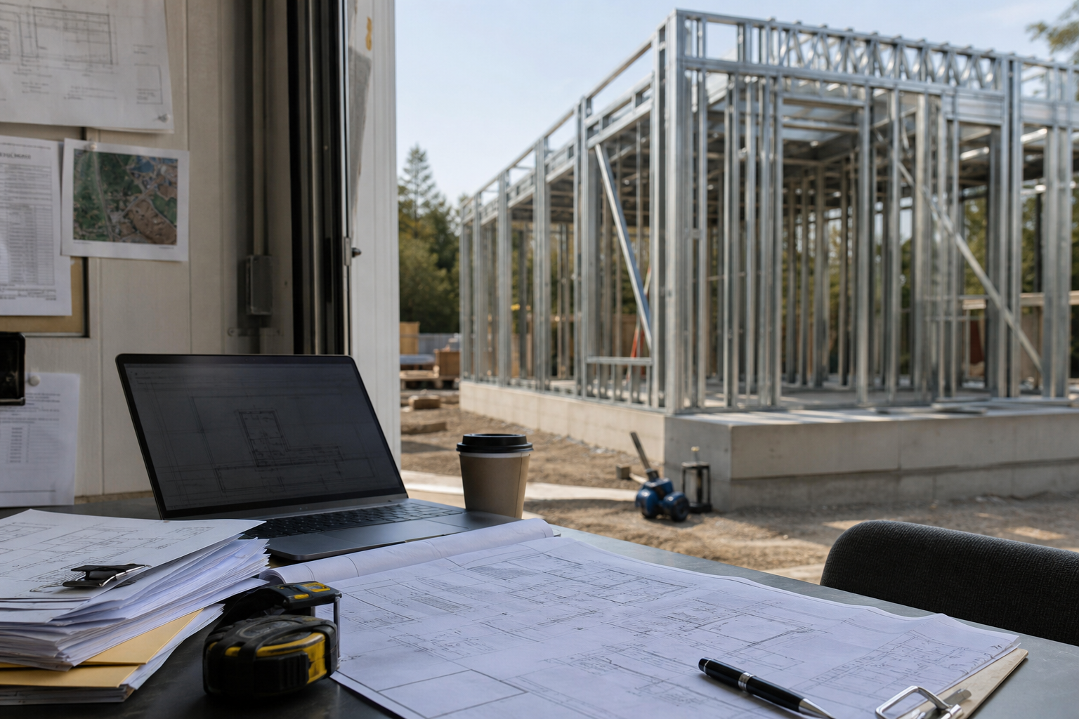 Approved home plans beside a modern light steel prefab home under construction