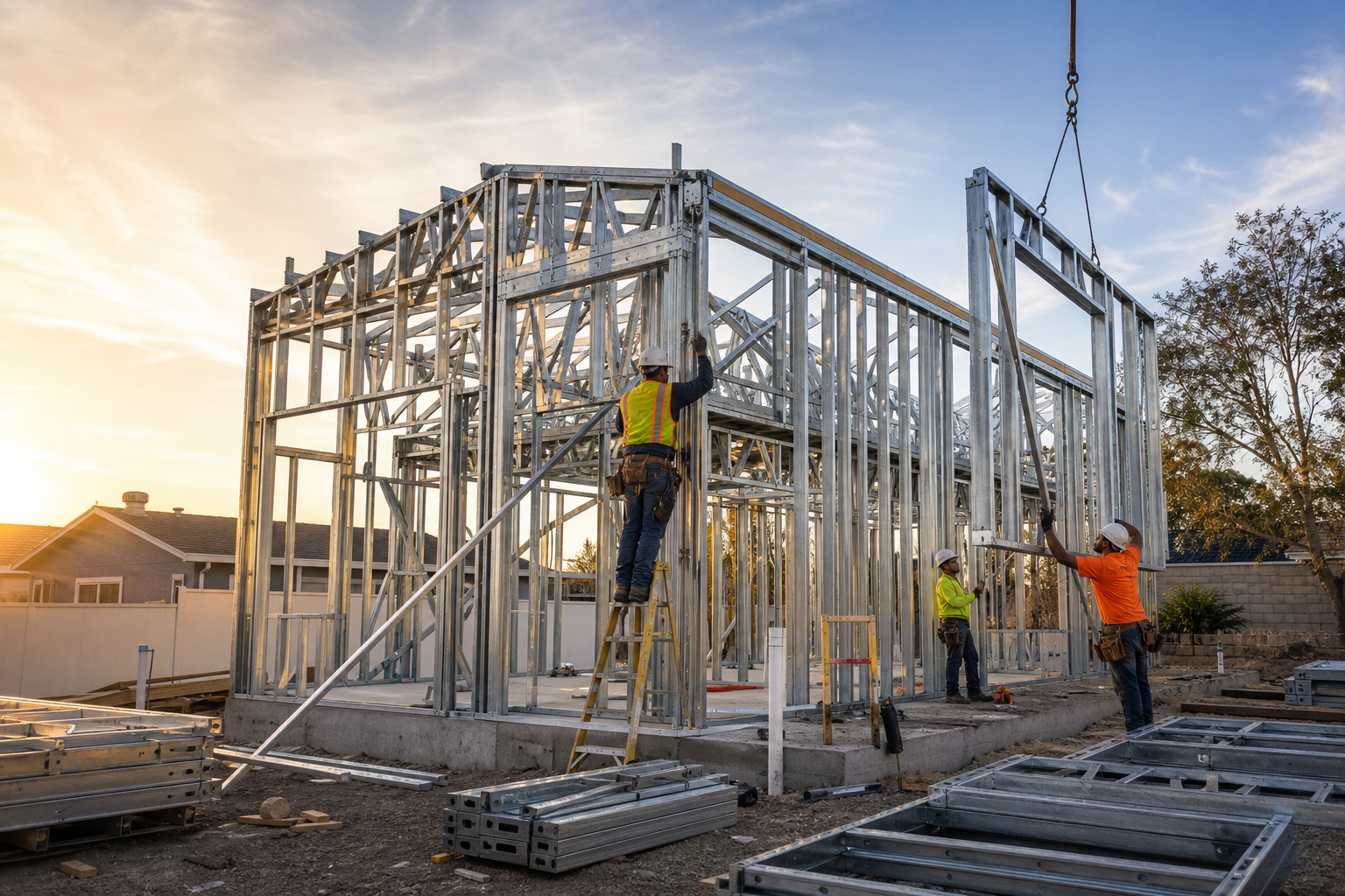 Construction crew assembling a light steel prefab home frame at a residential jobsite during golden hour