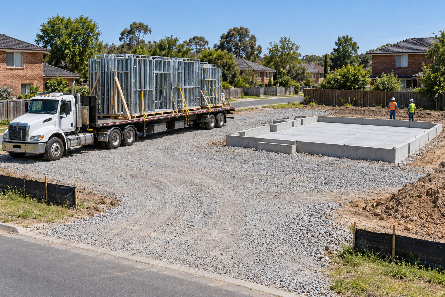 Illustrative prefab delivery site with steel wall panels secured on a truck beside a concrete foundation and wide gravel access area