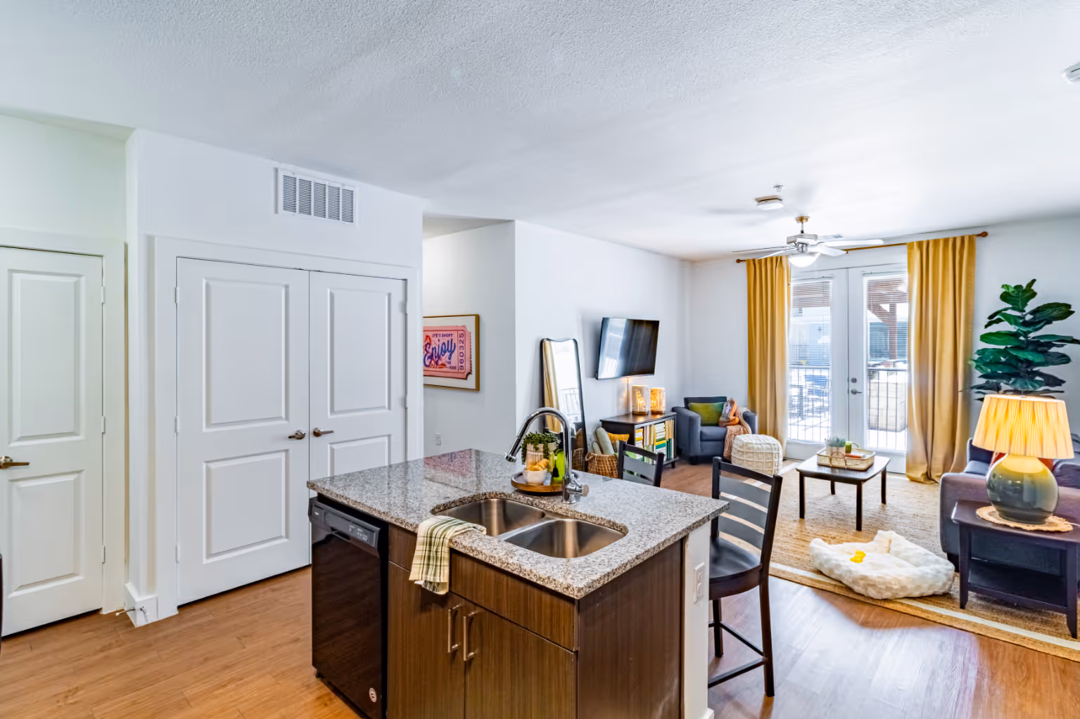 living area and kitchen island