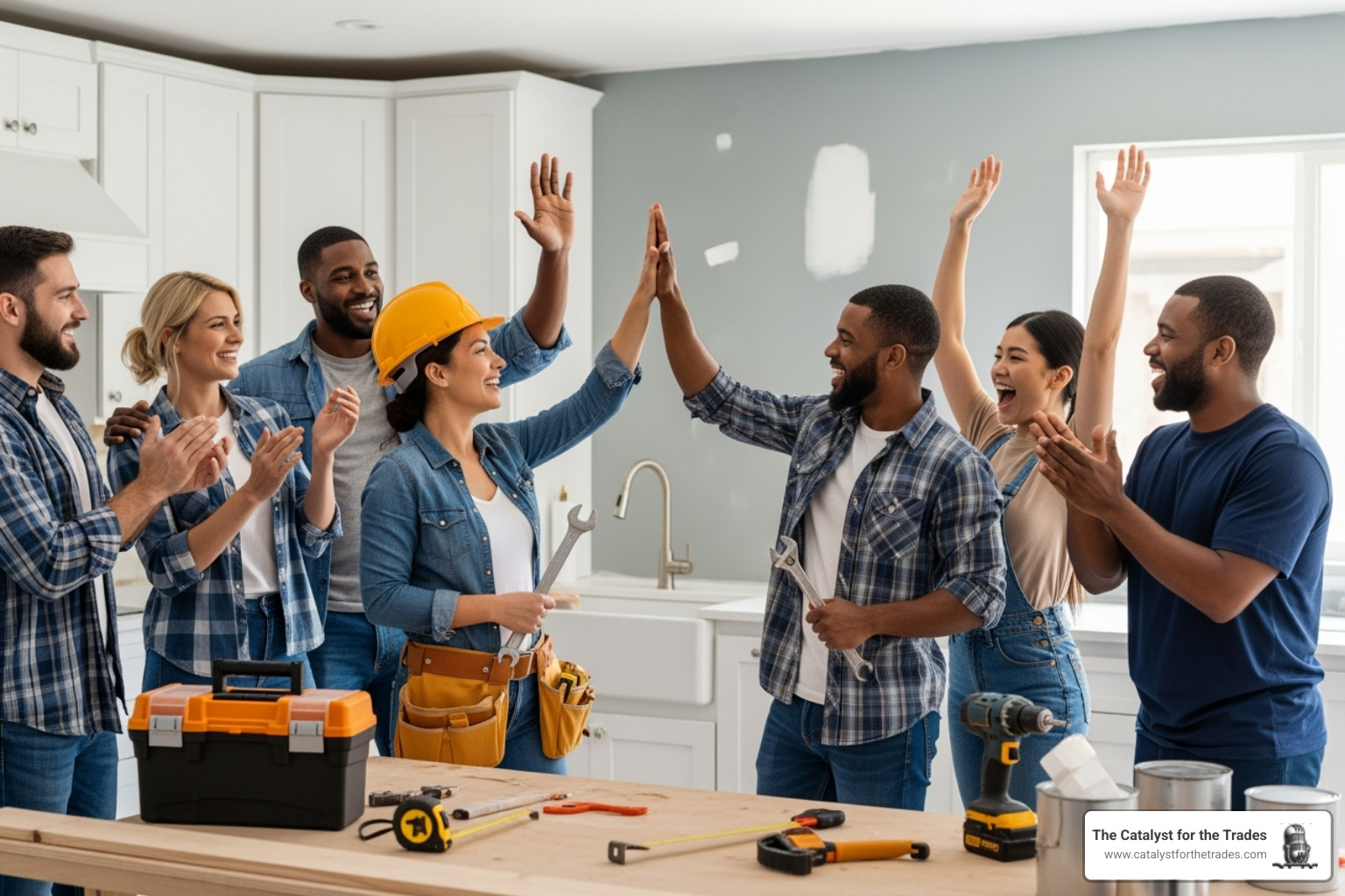 happy team of tradespeople celebrating a successful project - change management