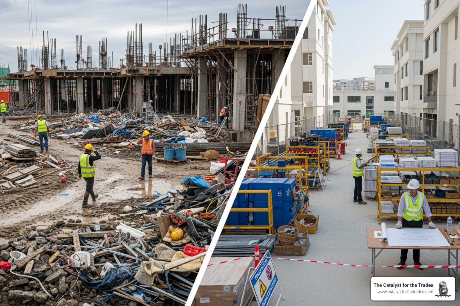 comparing a chaotic, messy worksite with a clean, organized one - change management