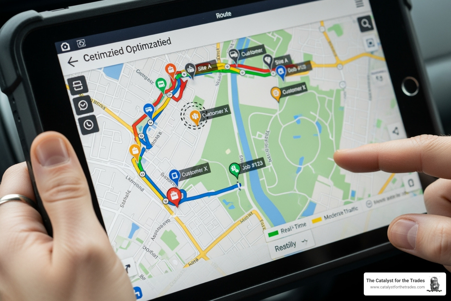 A tablet displaying an optimized route for a service technician, highlighting traffic conditions and job sites - ai business intelligence