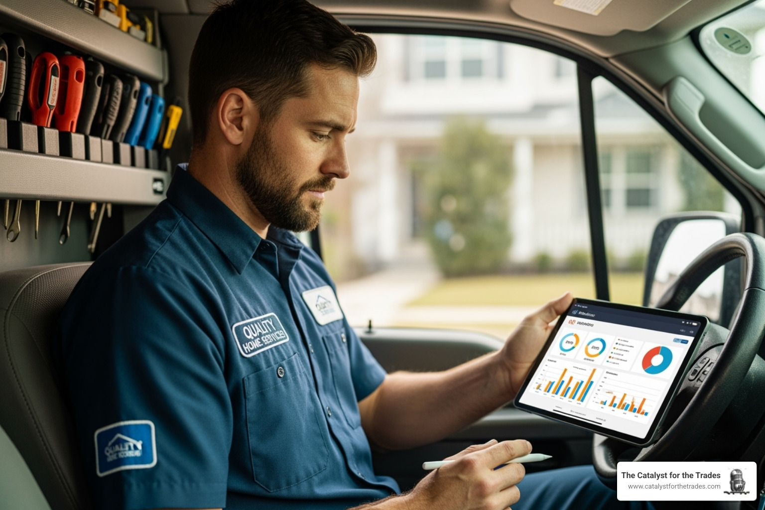 Image of a home service business owner reviewing metrics on a tablet - Home Service Podcast