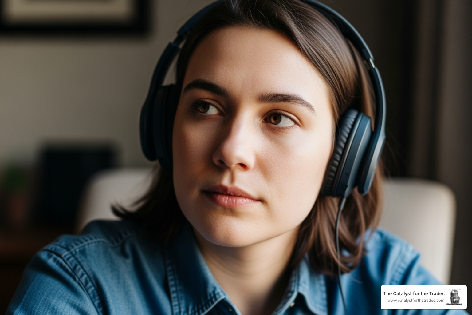 Image of a person with headphones looking thoughtful - Home Service Podcast