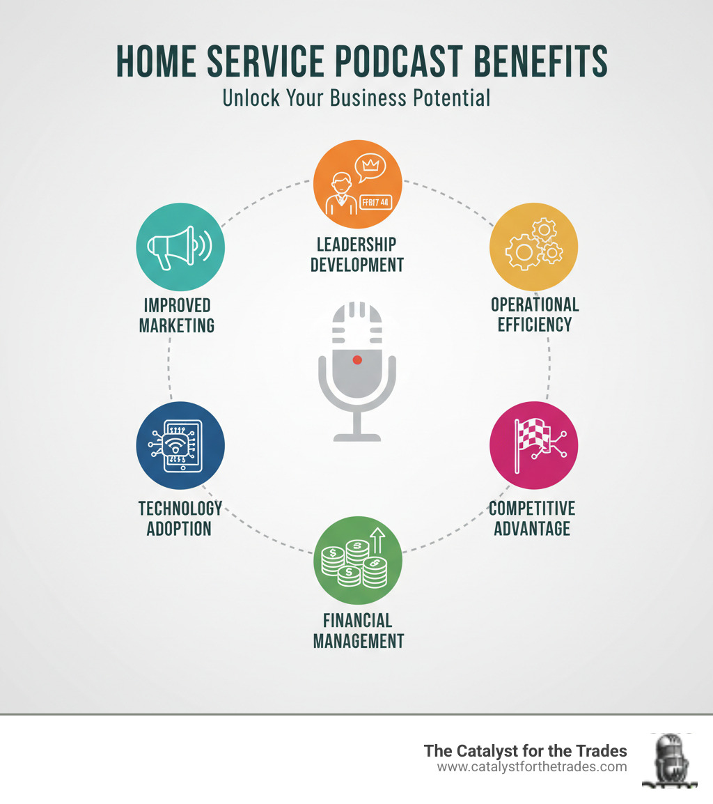 Infographic showing the key benefits of home service podcasts including improved marketing strategies, leadership development, operational efficiency, financial management, technology adoption, and competitive advantage for trade professionals - Home Service Podcast infographic 