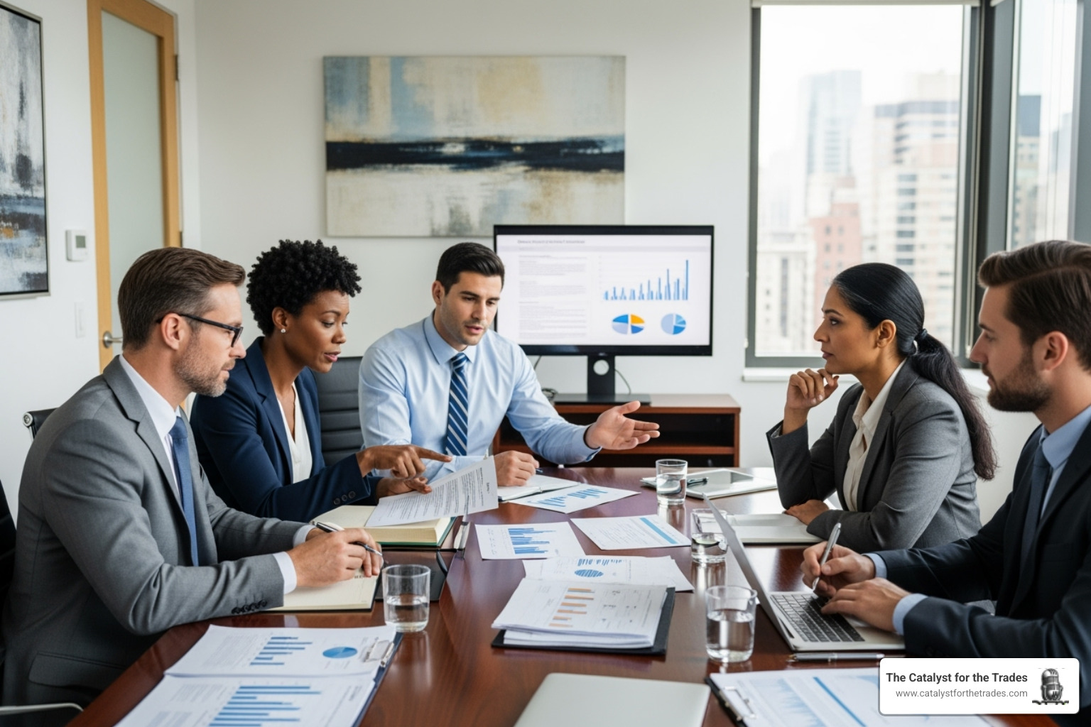Diverse team of advisors (accountant, lawyer, financial planner) around a table with a business owner - business transition planning