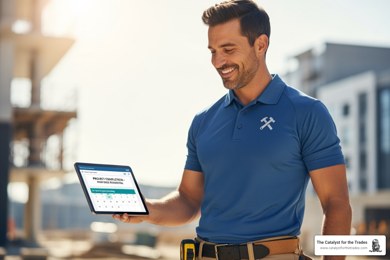 contractor smiling looking at tablet booked job - aeo optimization