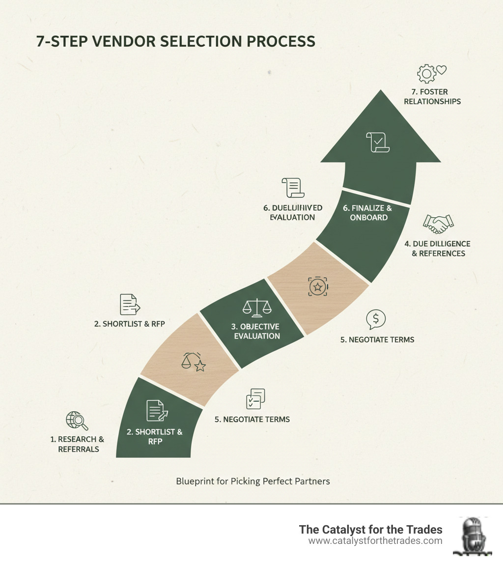 Infographic showing the 7-step vendor selection process: 1. Research potential vendors through directories and referrals, 2. Create shortlist and issue RFP/RFQ with clear requirements, 3. Evaluate objectively using weighted scorecards, 4. Conduct due diligence and check references, 5. Negotiate contract terms and pricing, 6. Finalize contracts and onboard vendors, 7. Foster ongoing collaborative relationships - choosing right vendors infographic Infographic showing the 7-step vendor selection process: 1. Research potential vendors through directories and referrals, 2. Create shortlist and issue RFP/RFQ with clear requirements, 3. Evaluate objectively using weighted scorecards, 4. Conduct due diligence and check references, 5. Negotiate contract terms and pricing, 6. Finalize contracts and onboard vendors, 7. Foster ongoing collaborative relationships - choosing right vendors infographic