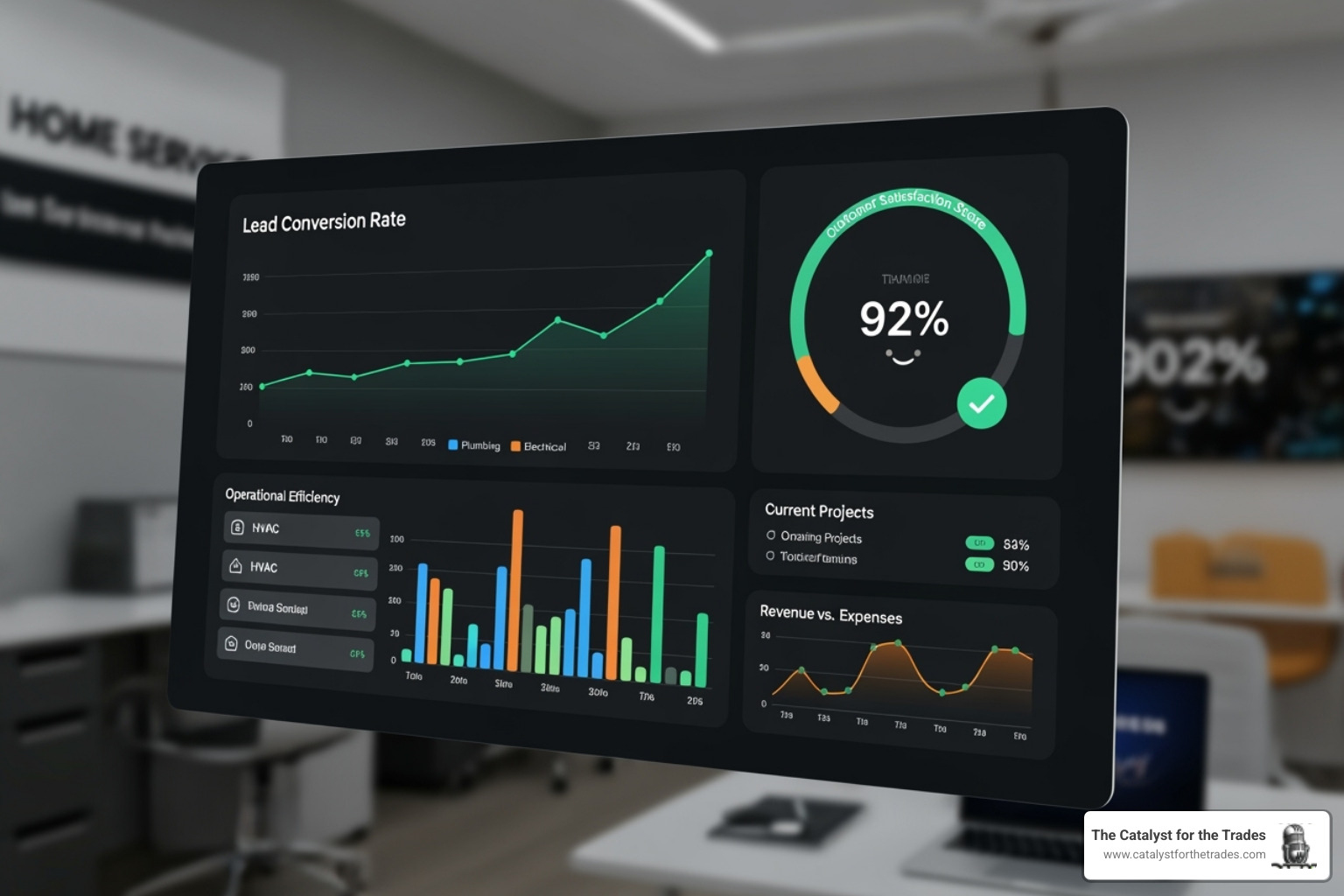 An AI-powered dashboard displaying metrics for a home service business, including lead conversion, customer satisfaction, and operational efficiency - catalyst for the trades podcast An AI-powered dashboard displaying metrics for a home service business, including lead conversion, customer satisfaction, and operational efficiency - catalyst for the trades podcast