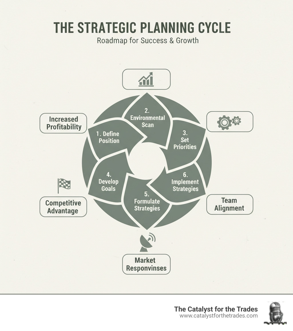 Comprehensive infographic showing the strategic planning process cycle with seven interconnected steps: Define Position, Environmental Scan, Set Priorities, Develop Goals, Formulate Strategies, Implement Plans, and Monitor & Adapt, with arrows showing the continuous flow between each phase and key benefits listed around the perimeter including increased profitability, team alignment, market responsiveness, and competitive advantage - strategic planning process infographic 