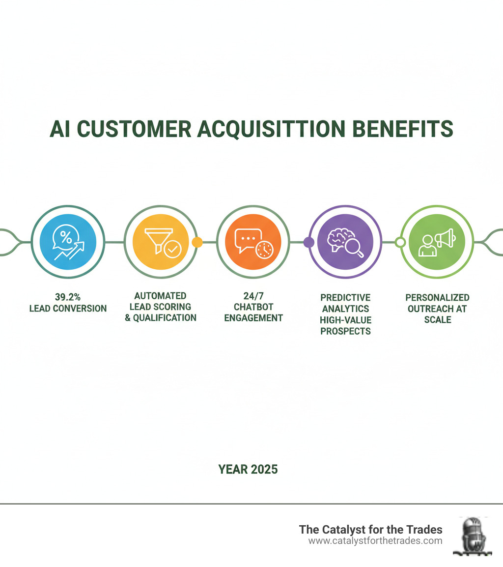 AI Customer Acquisition Benefits Infographic showing 39.2% lead conversion rates, automated lead scoring and qualification, 24/7 customer engagement through chatbots, predictive analytics for targeting high-value prospects, and personalized outreach at scale - ai customer acquisition infographic AI Customer Acquisition Benefits Infographic showing 39.2% lead conversion rates, automated lead scoring and qualification, 24/7 customer engagement through chatbots, predictive analytics for targeting high-value prospects, and personalized outreach at scale - ai customer acquisition infographic