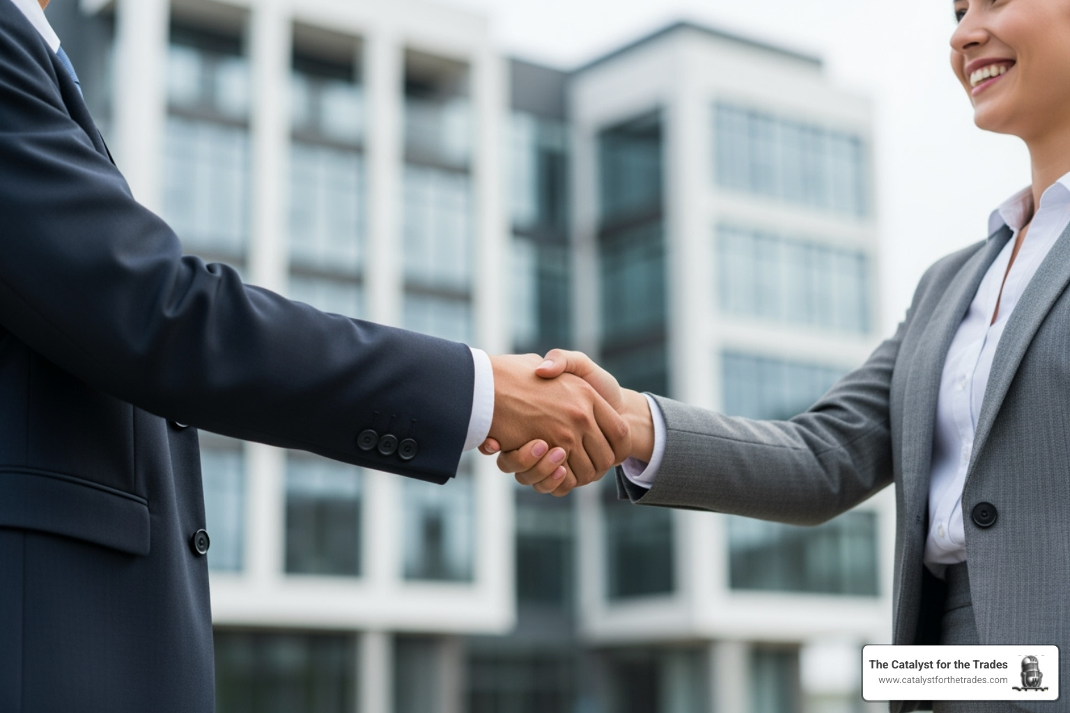 a handshake closing a deal in front of a completed construction project, symbolizing reputation and customer relationships - business valuation contractors a handshake closing a deal in front of a completed construction project, symbolizing reputation and customer relationships - business valuation contractors
