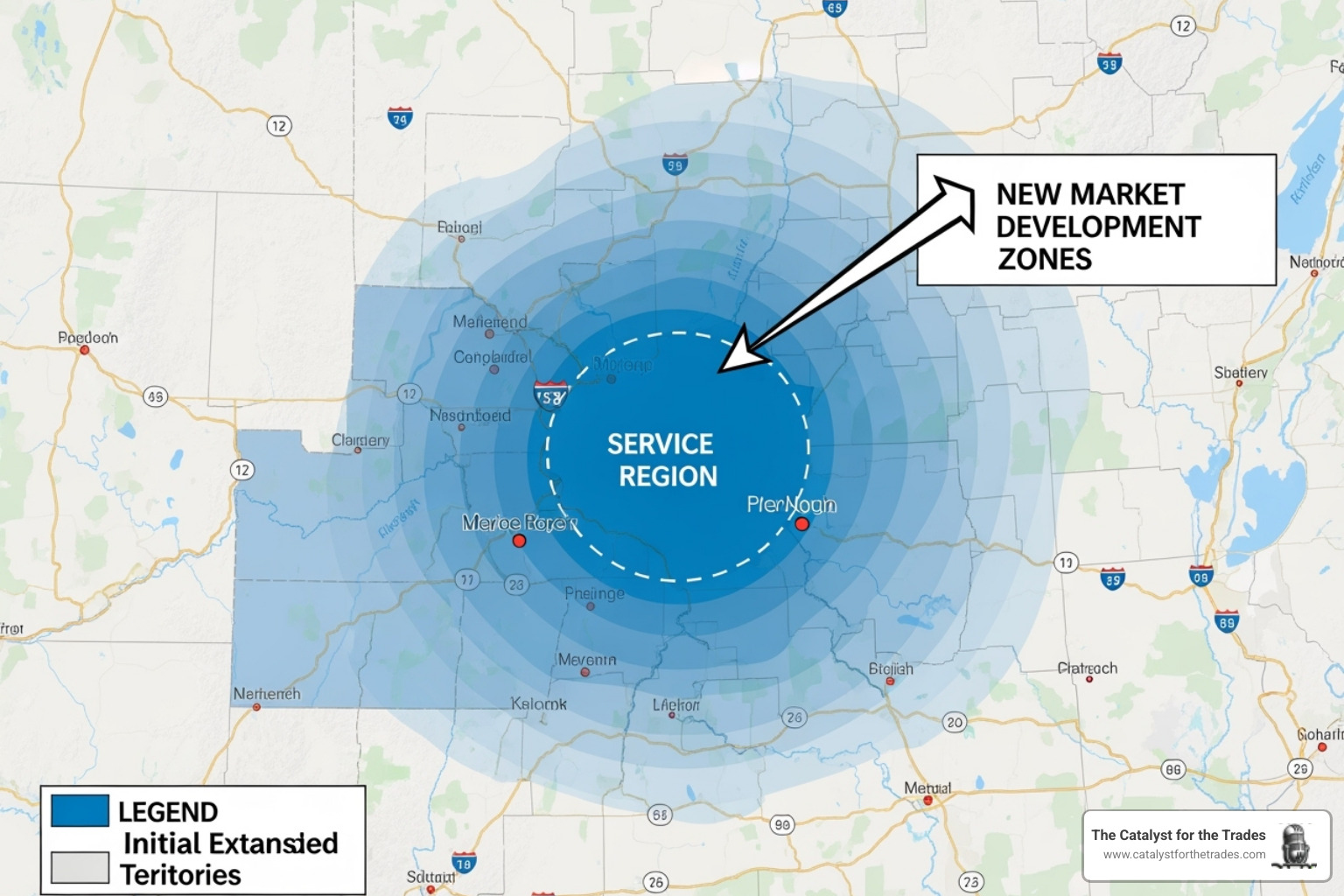 map showing a service area expanding into new territories - business growth strategies map showing a service area expanding into new territories - business growth strategies