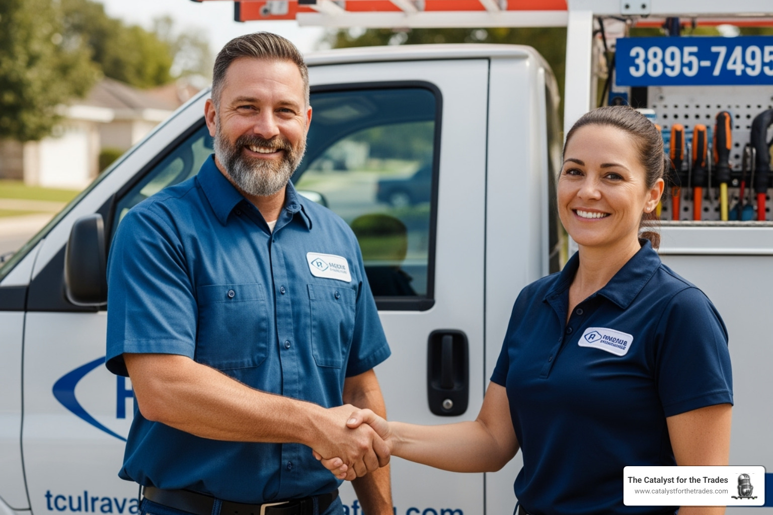 two business owners shaking hands in front of a service vehicle - business growth strategies two business owners shaking hands in front of a service vehicle - business growth strategies