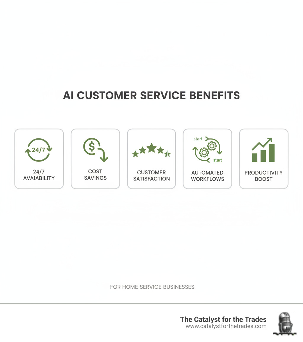 Infographic showing the core benefits of AI customer service automation: 24/7 availability clock, cost savings dollar sign with downward arrow, improved customer satisfaction rating stars, automated workflows diagram, and productivity boost chart for home service businesses - ai customer service automation infographic Infographic showing the core benefits of AI customer service automation: 24/7 availability clock, cost savings dollar sign with downward arrow, improved customer satisfaction rating stars, automated workflows diagram, and productivity boost chart for home service businesses - ai customer service automation infographic