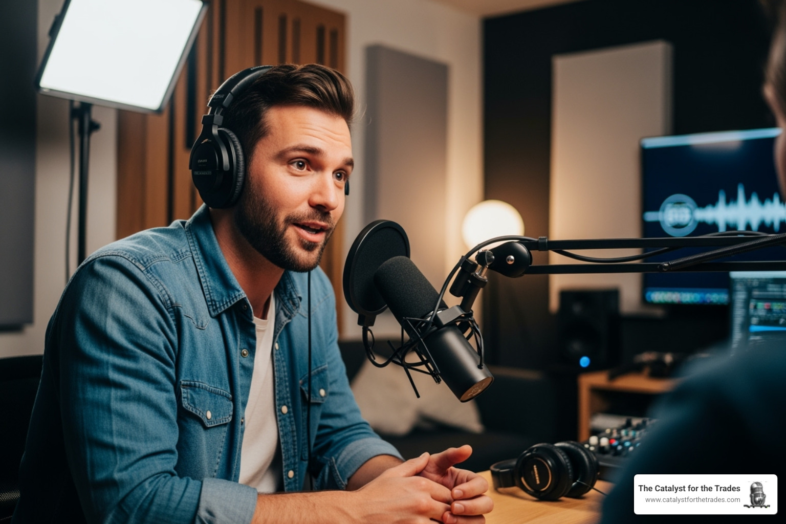 Podcast host speaking into a microphone in a studio setting - hvac business podcast Podcast host speaking into a microphone in a studio setting - hvac business podcast