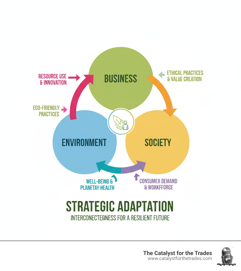 Infographic showing interconnectedness of business, environment, and society with arrows indicating mutual influence and feedback loops - strategic adaptation infographic Infographic showing interconnectedness of business, environment, and society with arrows indicating mutual influence and feedback loops - strategic adaptation infographic