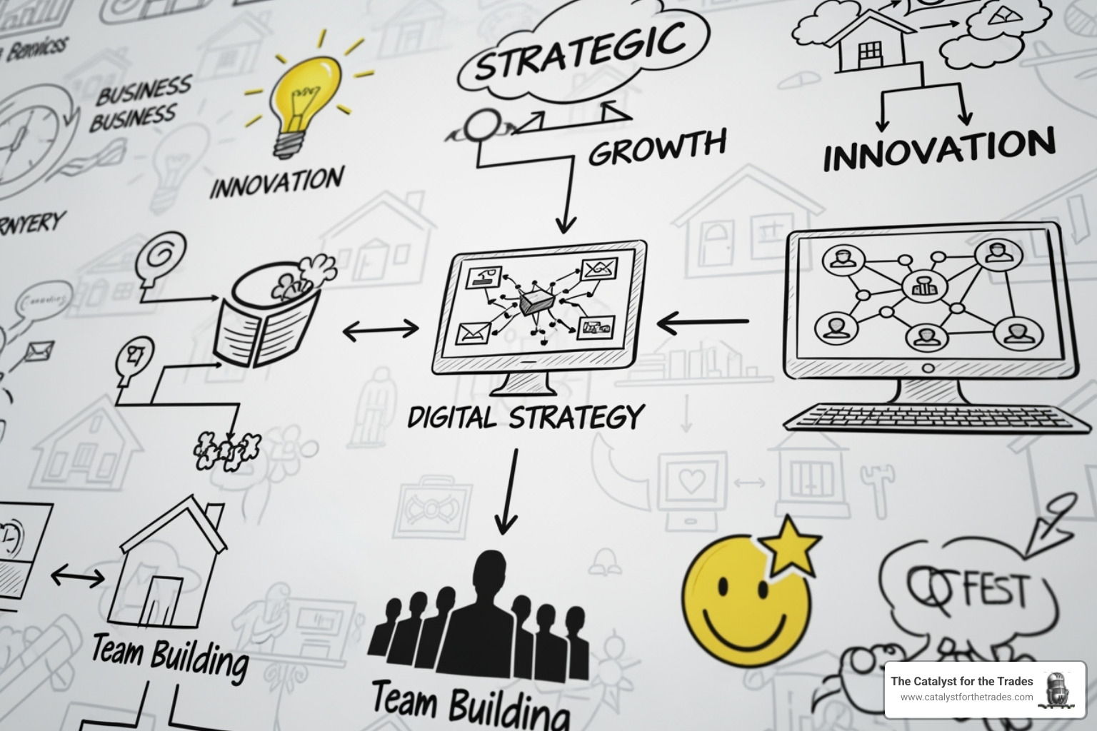 A blueprint or a whiteboard with strategic notes for a home service business, including keywords like "Innovation," "Digital Marketing," "Talent Acquisition," and "Customer Experience" - industry leadership A blueprint or a whiteboard with strategic notes for a home service business, including keywords like "Innovation," "Digital Marketing," "Talent Acquisition," and "Customer Experience" - industry leadership