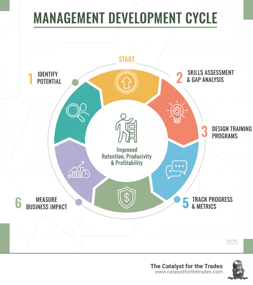Comprehensive infographic showing the management development cycle: starting with identifying high-potential employees, moving through skills assessment and gap analysis, then to designing targeted training programs, implementing coaching and mentoring, tracking progress and performance metrics, and finally measuring business impact through improved retention, productivity, and profitability - management development infographic 