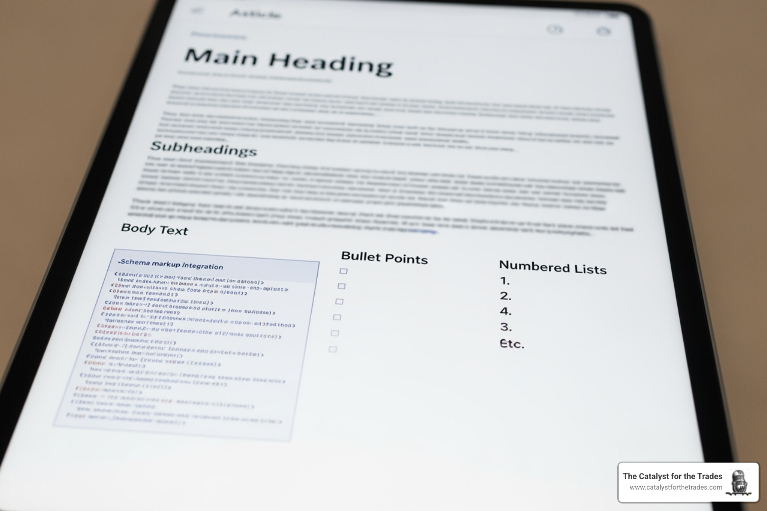 A well-structured article on a tablet with callouts highlighting the main heading (H1), subheadings (H2, H3), bulleted lists, numbered lists, and a section for schema markup integration - ai search visibility