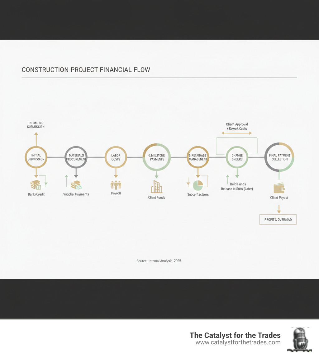 Infographic showing the complete financial flow of a construction project from initial bid submission through materials procurement, labor costs, milestone payments, retainage management, change orders, and final payment collection, with arrows indicating cash flow direction and timing - financial management contractors infographic Infographic showing the complete financial flow of a construction project from initial bid submission through materials procurement, labor costs, milestone payments, retainage management, change orders, and final payment collection, with arrows indicating cash flow direction and timing - financial management contractors infographic
