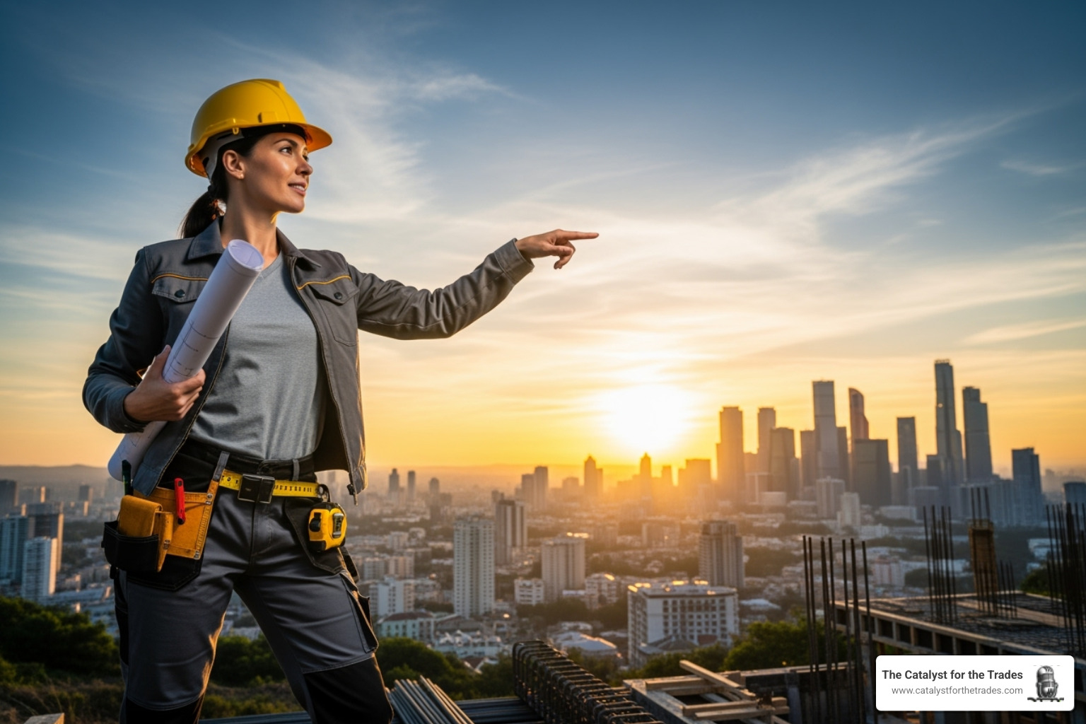 A successful trades business owner, perhaps a woman in a hard hat, looking confidently towards a bright horizon with a blueprint in hand, symbolizing future planning and success. - financial management contractors A successful trades business owner, perhaps a woman in a hard hat, looking confidently towards a bright horizon with a blueprint in hand, symbolizing future planning and success. - financial management contractors