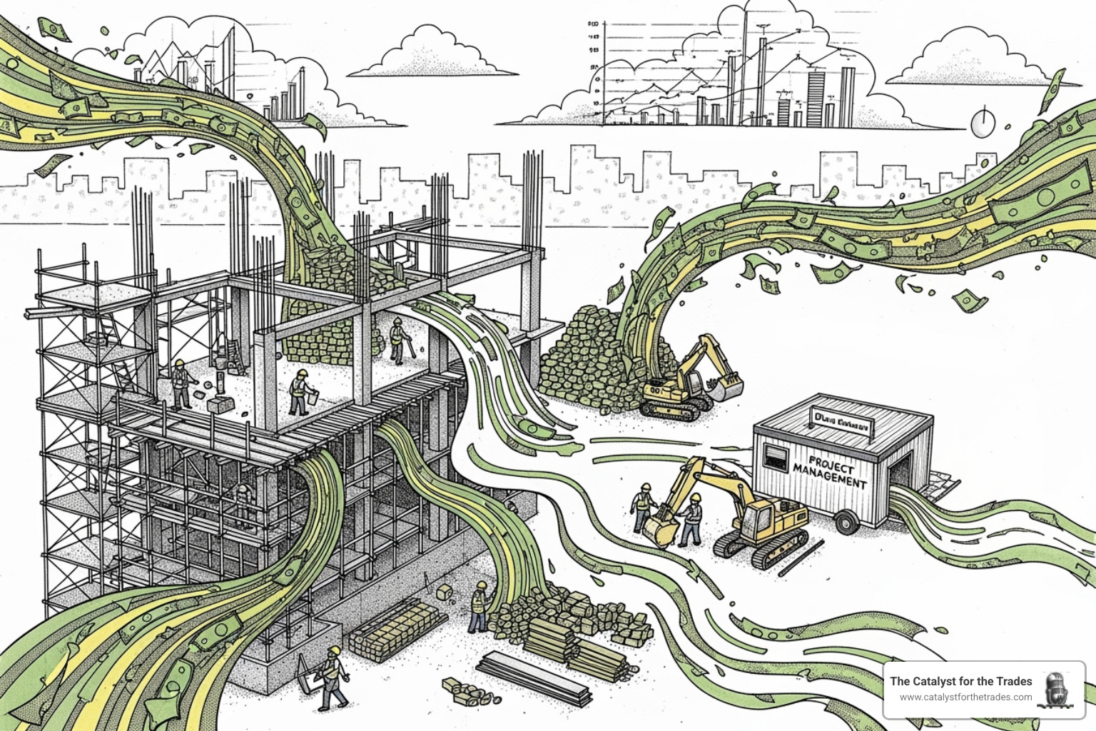 A detailed cash flow diagram for a construction business, showing various income streams (client payments, loan disbursements) and outgoing expenses (labor, materials, subcontractors, overhead, loan repayments) with arrows indicating the timing and direction of money movement over the project lifecycle. - financial management contractors A detailed cash flow diagram for a construction business, showing various income streams (client payments, loan disbursements) and outgoing expenses (labor, materials, subcontractors, overhead, loan repayments) with arrows indicating the timing and direction of money movement over the project lifecycle. - financial management contractors