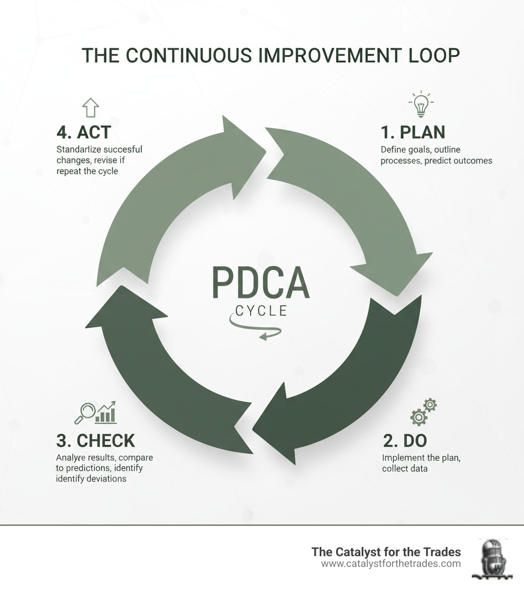 Infographic explaining the cyclical nature of Plan-Do-Check-Act (PDCA) - process improvement infographic 