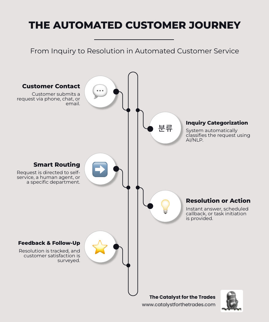 Infographic showing the automated customer service journey: customer submits request via phone, chat, or email, system automatically categorizes the inquiry, routes to appropriate department or self-service option, provides instant response or schedules callback, and tracks resolution with follow-up survey - automated customer service infographic infographic-line-5-steps-neat_beige Infographic showing the automated customer service journey: customer submits request via phone, chat, or email, system automatically categorizes the inquiry, routes to appropriate department or self-service option, provides instant response or schedules callback, and tracks resolution with follow-up survey - automated customer service infographic infographic-line-5-steps-neat_beige